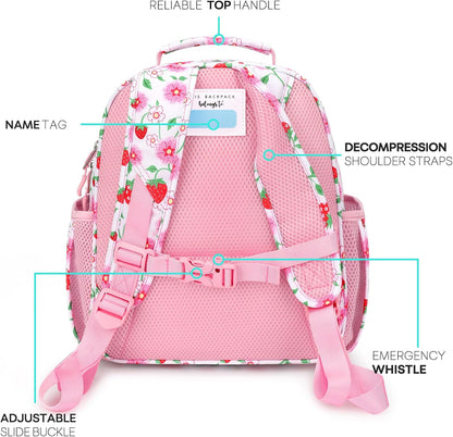 mibasies Toddler Backpack for Girls 2-4: Cute Kids Backpacks for Girls - Preschool Kindergarten Backpack - Strawberry Floral Pink