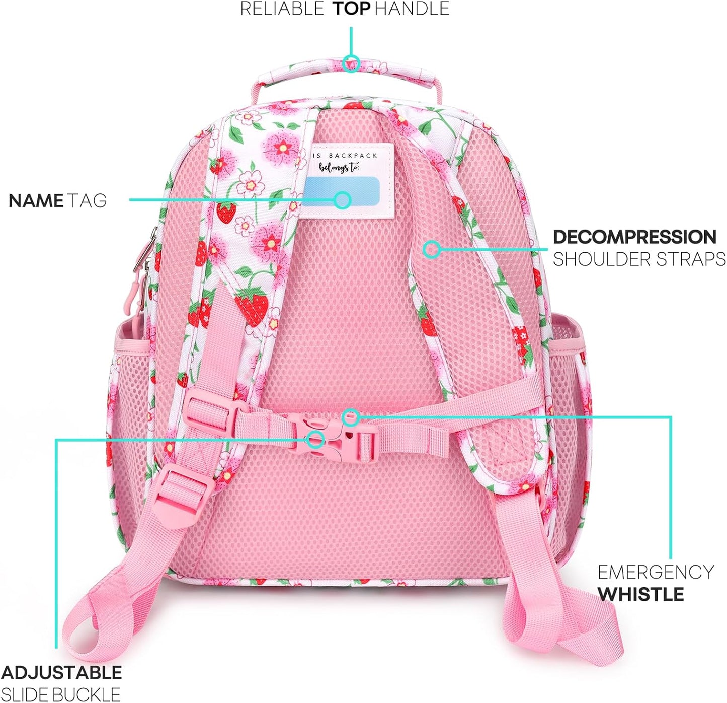 mibasies Girls Backpack 5-8: Lightweight Kids Backpacks for Girls - Girl Bookbag for Elementary School - Strawberry Floral Pink