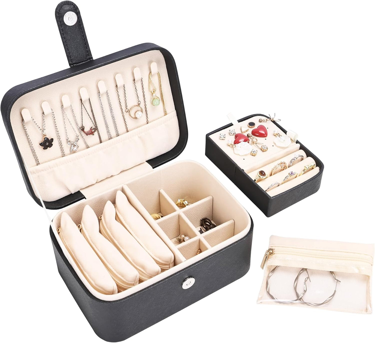 2 Layer Portable Jewelry Box, Large Jewelry Travel Case with 4 Jewelry Pouches, Medium Size Jewelry Organizer Box for Earrings, Necklaces, Bracelets (black)
