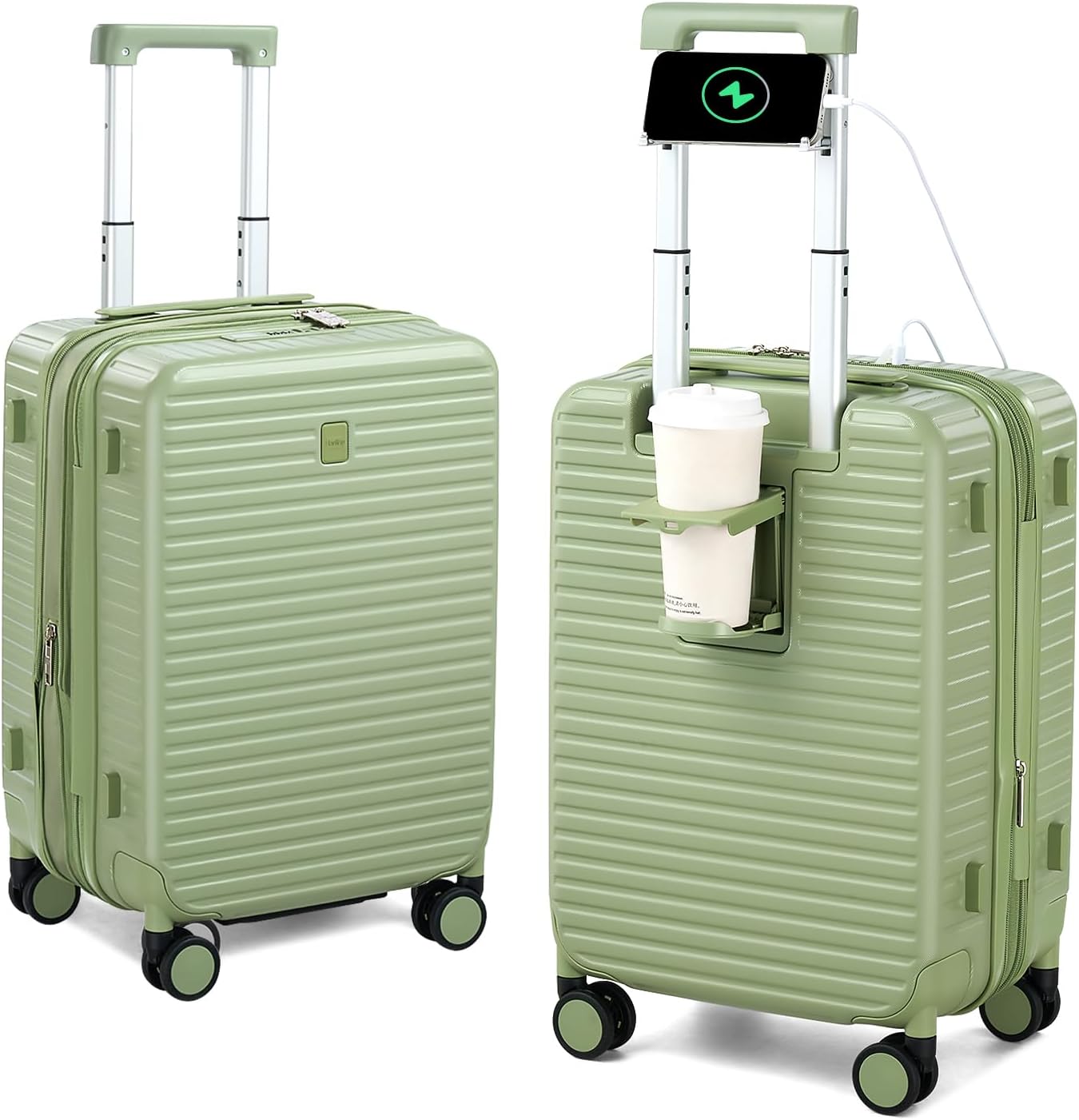 Hard Shell 20 Inch Carry on Luggage Expandable Travel Luggage, TSA Approved Luggage with Cup Holder Charger Built in, Lightweight Small Suitcases with Wheels, Bamboo Green