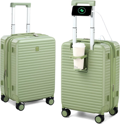 Hard Shell 20 Inch Carry on Luggage Expandable Travel Luggage, TSA Approved Luggage with Cup Holder Charger Built in, Lightweight Small Suitcases with Wheels, Bamboo Green