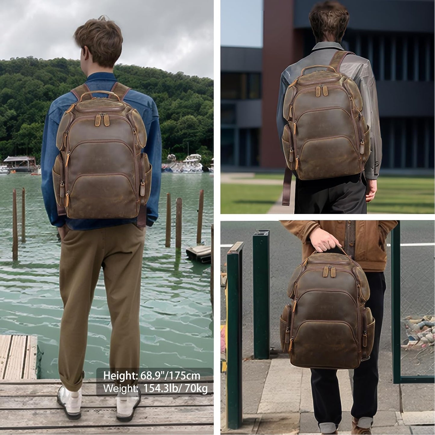 TIDING Vintage Full Grain Leather 16 Inch Laptop Backpack for Men Multi Pockets Travel Rucksack Weekend Business Daypack_Large