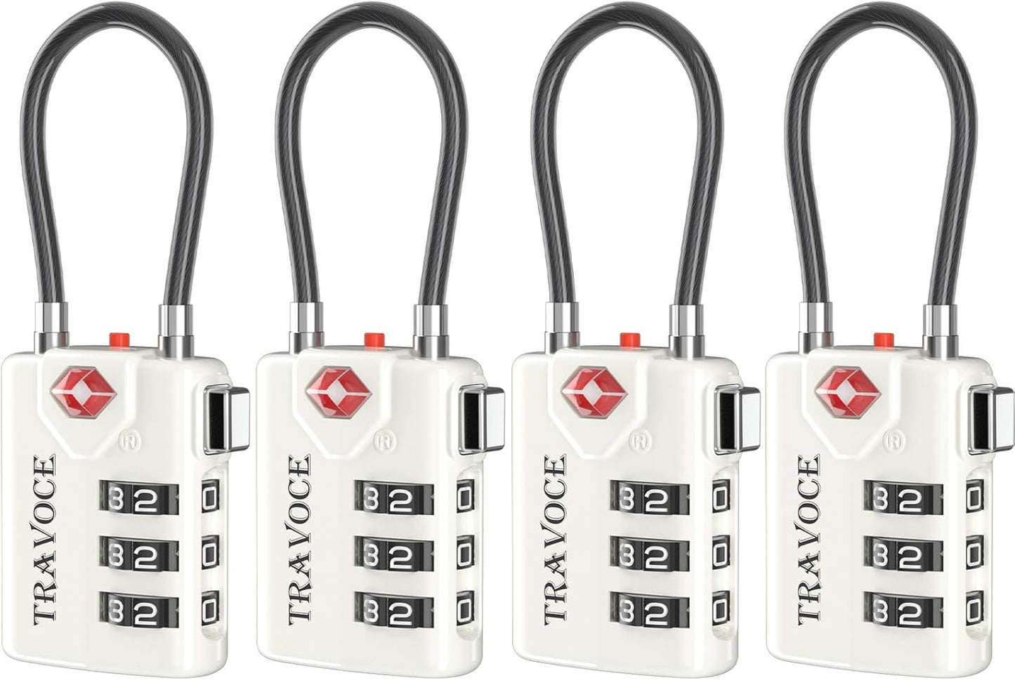 Search Alert TSA Approved Travel Combination Luggage Cable Locks for Suitcase, Gym Locker,Toolbox,Backpack 1,2,4,6 &10 pk (White 4 Pack)