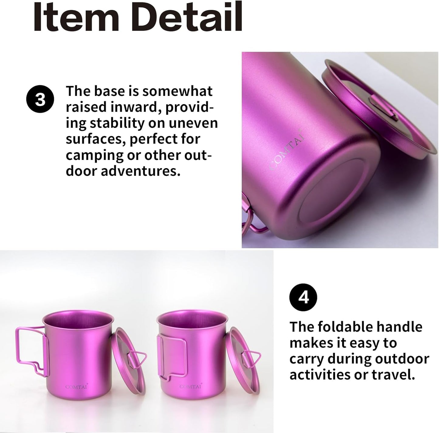 Titanium Camping Pot Mug 15oz (420ml) with Lid and Foldable Handle – Ultralight Camping Cup for Hiking, Backpacking, Outdoor Cooking, Purple