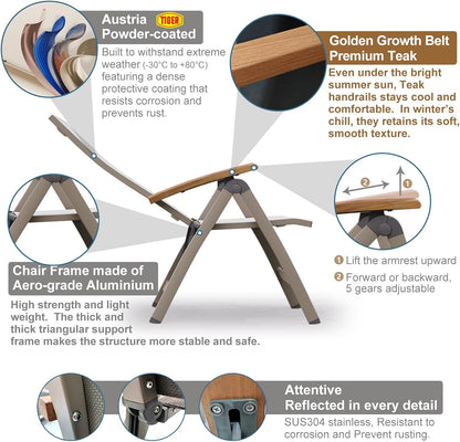 Adjustable Folding Chair, Indoor & Outdoor Balcony, Patio Porch, Garden Lawn, Pool, for Comfortable Foldable Chairs, Portable Cozy Recliner, Metal Frame with Teak armrest, Durable