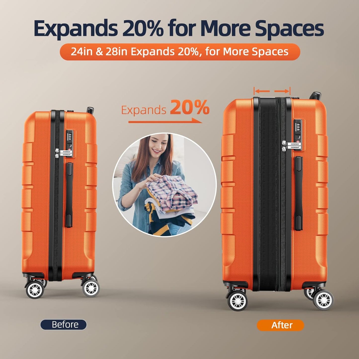 SHOWKOO Luggage Sets Expandable PC+ABS Durable Suitcase Sets Double Wheels TSA Lock 4 Piece Luggage Set Orange