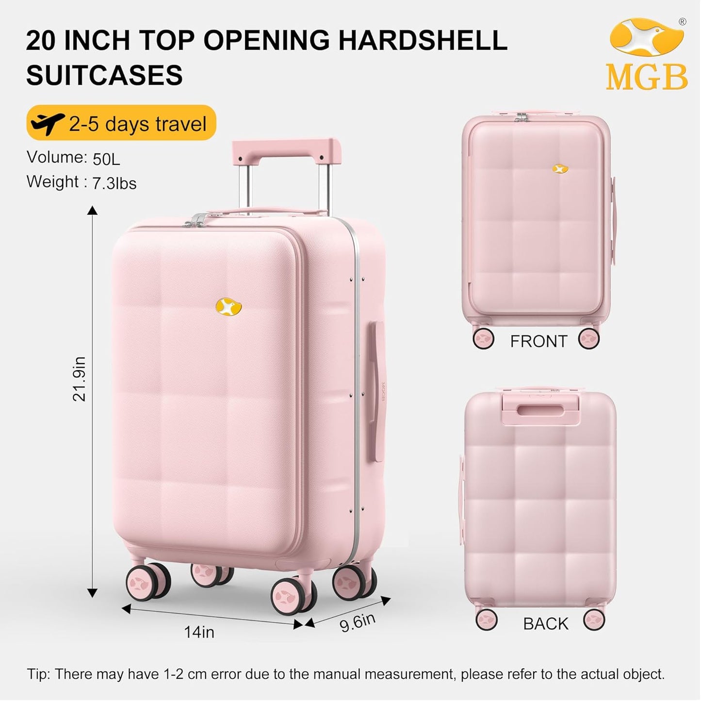 MGB 20 Inch Top Open Carry On Luggage 22x14x9 Airline Approved, 100% PC Hard Shell Carry On Suitcase with Spinner Wheels, Front Opening Travel Luggage for Women Men Gifts. Pink