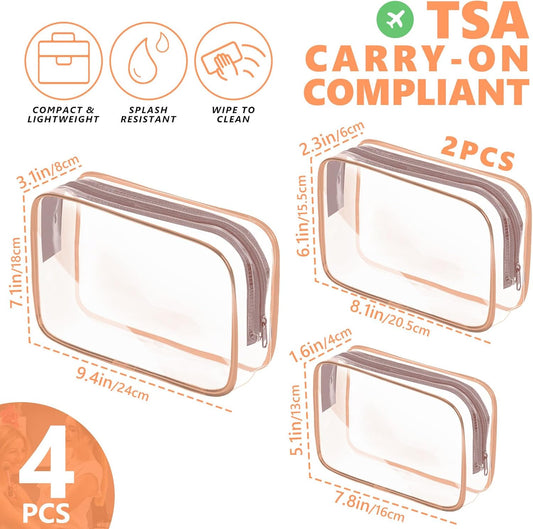 AURUZA 4 Pack Clear Toiletry Bag,Portable Travel Makeup Bags with Zipper, TSA Approved Clear Organizer Bags, PVC Cosmetic Pouch for Airport Airline Compliant (4 Packs Rose Pink)
