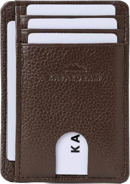 KARAKORAM Vertical Handcrafted Premium Leather Front Pocket Credit Card Holder with RIFD Protection | Artisan Made Slim Leather Wallet | Finger Glide Slots for Cards and ID (Wildwood Espresso)