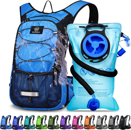 Insulated Hydration Backpack Pack with 3L BPA Free Leak Proof Water Bladder, Large Storage Lightweight Hiking Daypack with Waist Pouches & Cooler Layer, for Running, Biking, Camping, Festival