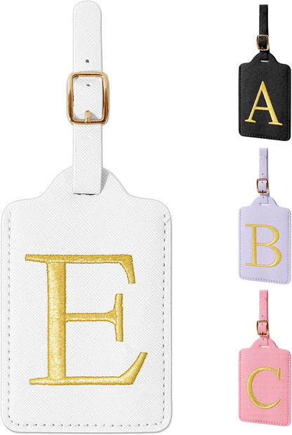Personalized Initial Luggage Tags for Suitcase TSA Approved, White Leather Cute Luggage Tag with Privacy Cover Name Card, Embroidered Custom Luggage Tags Travel Baggage Tags Gifts for Women Kids(E)