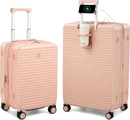 Hard Shell Suitcases Expandable Travel Luggage Sets 2 Piece, Carry on and Check in Luggage Lightweight Suitcase Set 2 Piece with Wheels Cup Holder Charger Built in (Pink, 20/28)