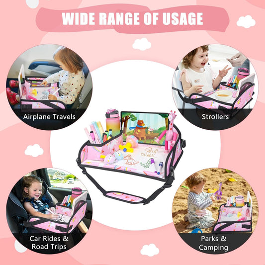 Upgraded Kids Travel Tray for Car Seat - Travel Tray for Airplane, Toddler Lap Tray, Carseat Lap Desk for Kids Road Trip Activities, Pink Unicorn - 2 PCS