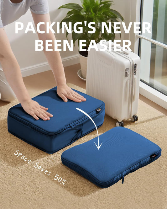 6 Set Compression Packing Cubes for Travel, Large Medium Small Luggage Organizers, Storage Bags for Clothes (6 Pack, Dark Blue)