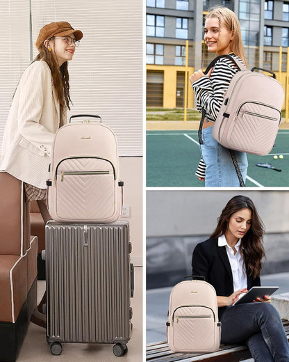 LOVEVOOK Laptop Backpack Purse for Women, Work Travel Computer Bags, College School Backpack for Student Girl, Quilted Casual Daypack with USB Port, Fit 15.6 Inch Laptop, Antiquewhite