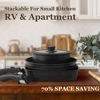 KIKCOIN 22 Pcs Pots and Pans Set Non Stick, Detachable Handle Cookware Sets Nonstick, RV Kitchen Cooking Set with Removable Handles, Frying Pans - Induction/Dishwasher/Oven Safe (Black)