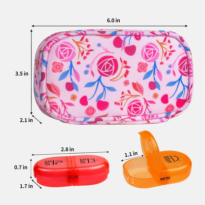 Serfeymi Weekly Travel Pill Organizer 2 Times A Day AM PM Upgraded Rainbow Pill Box 7 Day with Portable Zipper Canvas Pill Case, Medicine Organizer for Pills, Vitamins, Fish Oils - Pink 01