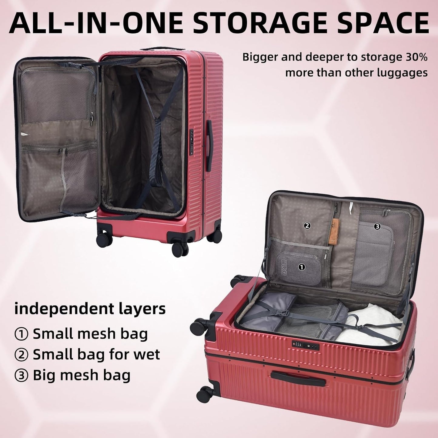 29 Inch Aluminum Checked Luggage with Side Opening Zipper, 40 * 37 * 77cm, 113L, Lightweight Hardshell ABS+PC Suitcase with TSA Lock, 360° Universal Wheels, Wine Red