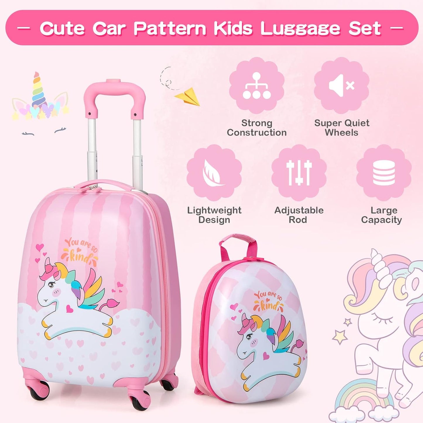 HONEY JOY Kids Luggage, 12" Toddler Backpack & 16" Travel Suitcase with Wheels, Lightweight Toddler Girls Suitcase, Durable ABS Hardshell, 2Pcs Carry On Luggage Set for Boys Girls(White Horse)