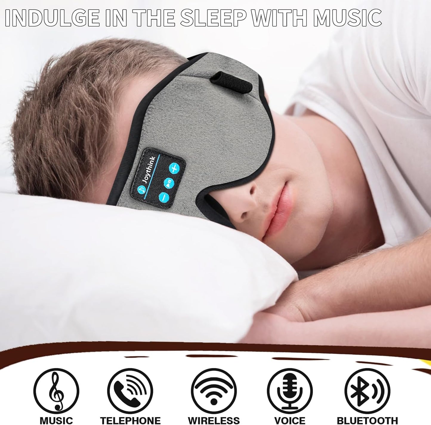 Joythink Sleep Headphones Headband Sleep Mask Eye Mask 3D Deep Bluetooth for Sleeping Blackout Washable Music Eye Cover with Speaker Microphones Gray