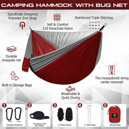 Camping Hammock, Portable Hammocks with Mosquito Net,Lightweight Nylon Parachute Hammock with 10ft Tree Straps,Camping Gear Must Haves for Travel Hiking Backpacking Beach Patio-Red&Grey
