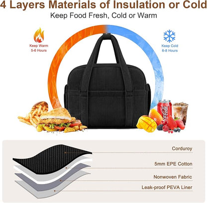 Corduroy Lunch Box Lunch Bag for Women Men, Cute Strawberry Small Insulated - Image 3