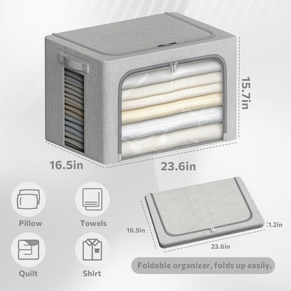 4 Pack Clothes Storage Bins with Metal Frame - Linen Fabric Foldable Stackable Container Organizer Set with Clear Window & Carry Handles & Zippers (Light Grey, 23.6"x16.5"x15.7")