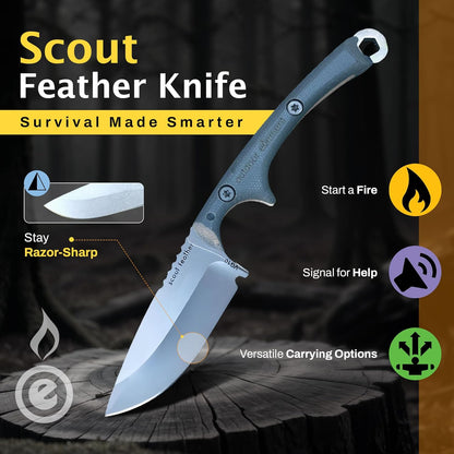 Scout Feather - Fixed Blade Survival Knife with built-in Firestarter for Camping, Hunting, Outdoor Adventure and Culinary Needs - VG10 Blade, Whistle, Knife Sharpener, Compact Sheath & G10 Handle
