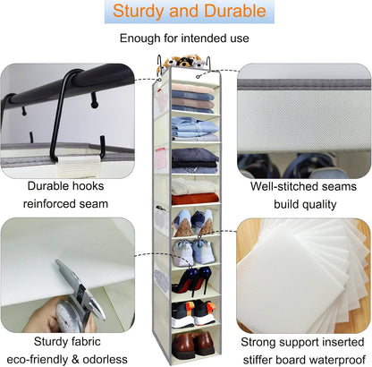 2 Pack Large-Sized Hanging Shoe Organizer 10-Shelf, Sturdy Hanging Closet Organizer with 8 Side Pockets, Wider Hanging Shelves for Storage Shoes Clothes Jeans Shirts Toys, Beige