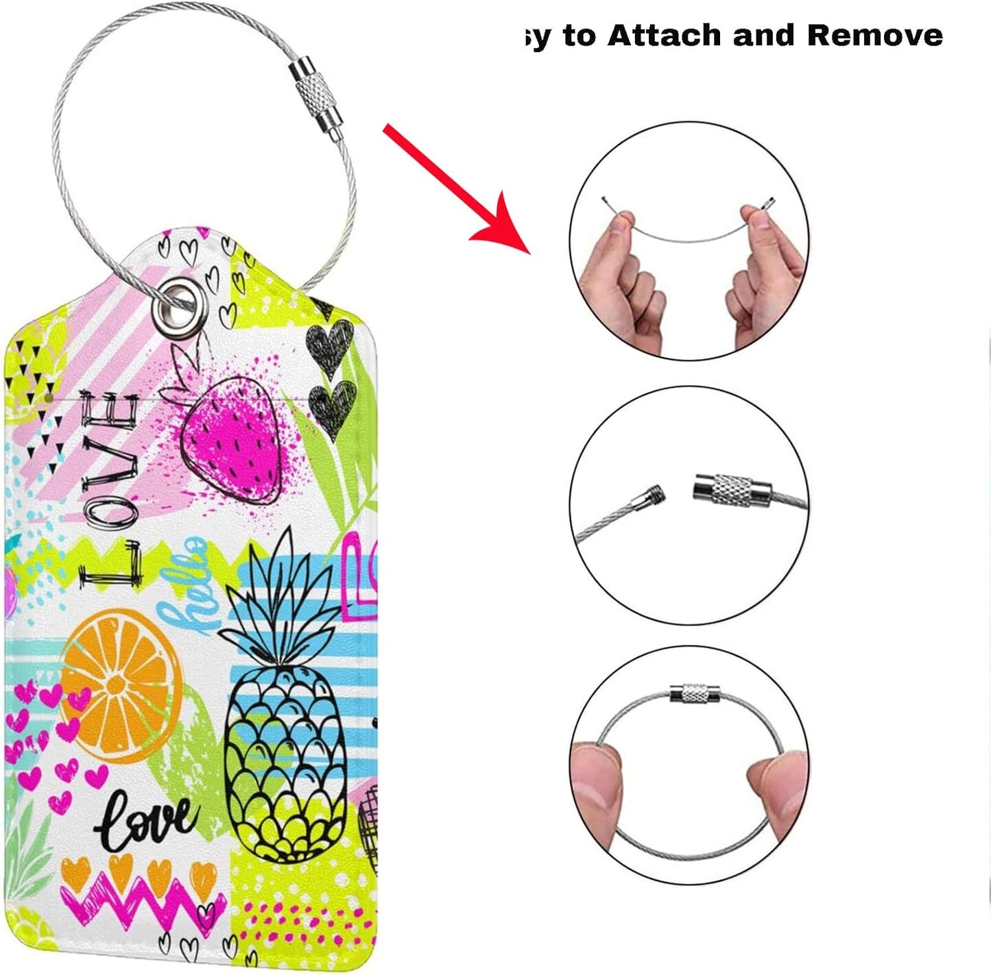 2 Pieces Funny Fruits Luggage Tags for Suitcases Women Girls, Colorful Bag Tags with Pineapple, Strawberry, Love Pattern, Cute Leather Labels Privacy Protection Travel Tag