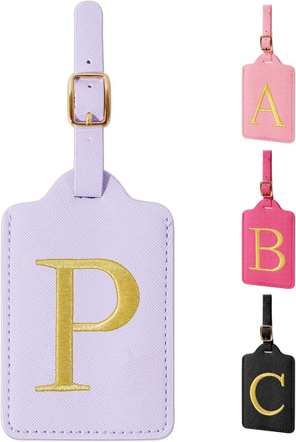 Personalized Initial Luggage Tags for Suitcase, Purple Leather Cute Luggage Tags with Privacy Cover Name Card, Embroidered Custom Monogrammed Luggage Tag Travel Backpack Tags Gifts for Women Kids(P)