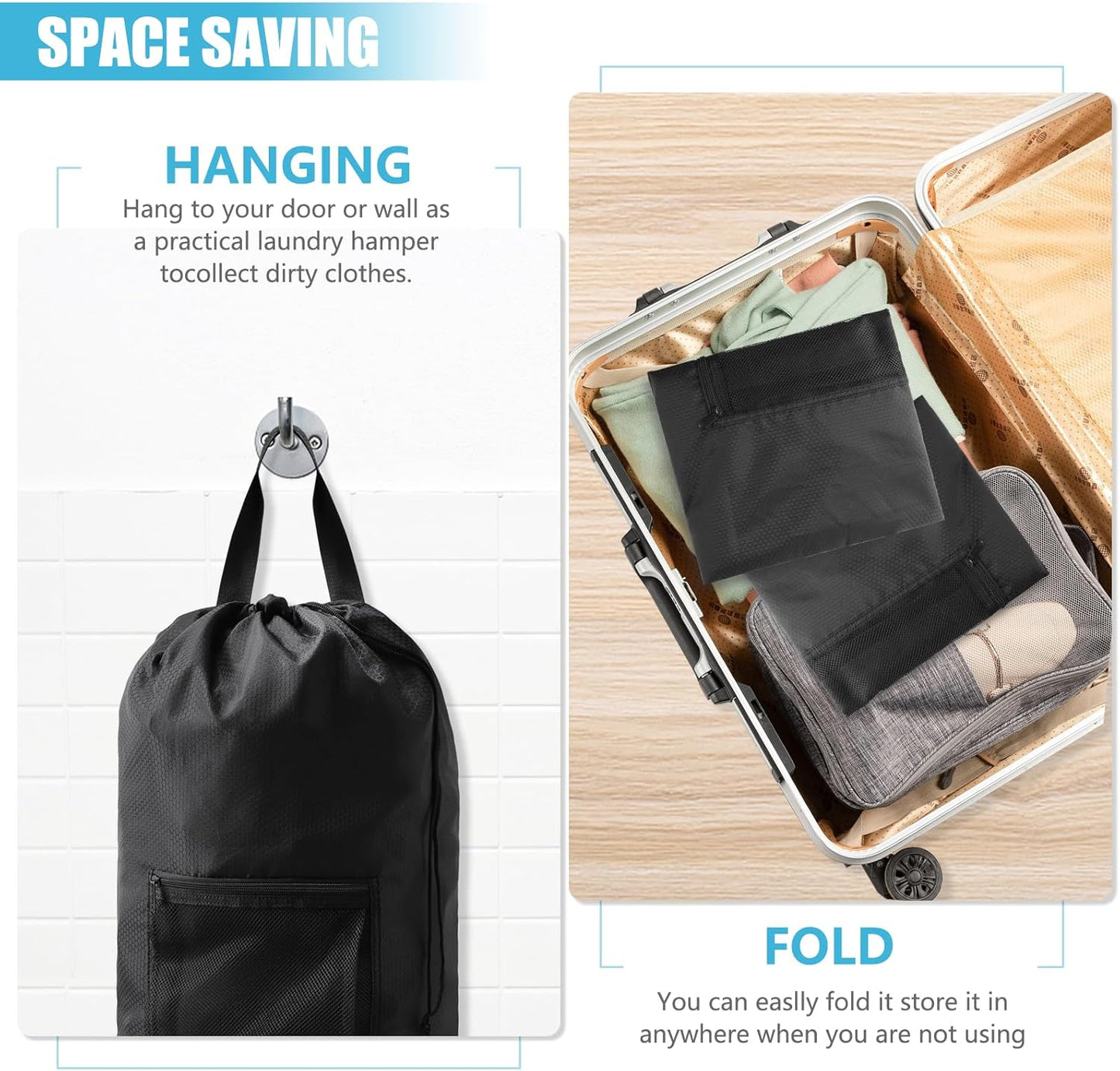 Laundry Bag Backpack,Olosar Extra Large Travel Laundry Bag with Mesh Pocket & Adjustable Shoulder Straps,Dirty Clothes Travel Bag for College Students Dorm,Apartment(Black)