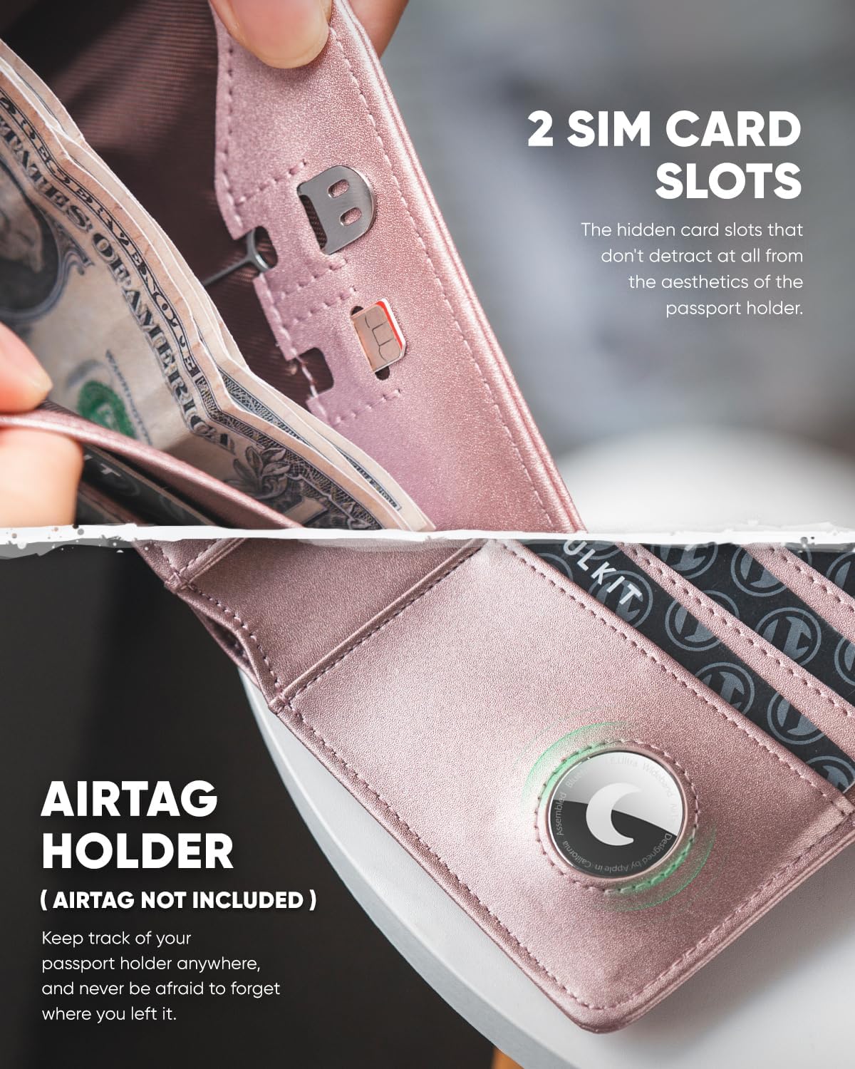 VULKIT Passport Holder with Airtag Holder RFID Blocking Passport Wallet Travel Leather Passport for Women(Pearl Pink)