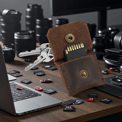 Jack&Chris Genuine Leather SD Card Holder Keychain, Anti-Shock Anti-Dust SD Card Case, Portable Camera Accessories for SD CF CFexpress Micro SD Nano SIM and Micro SIM Cards, Coffee