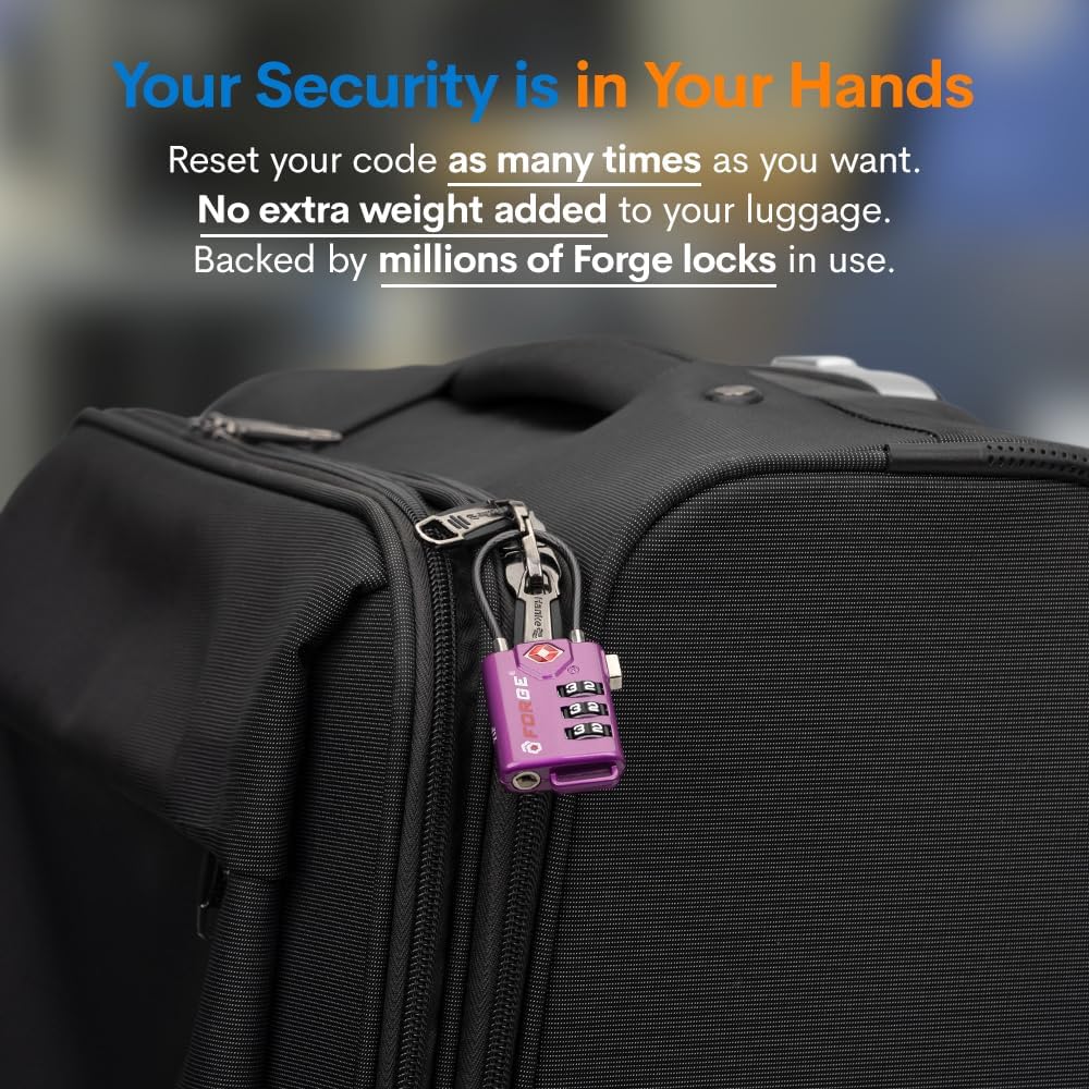 Forge TSA Approved Luggage Locks, Re-settable Combination with Alloy Body (Dark Purple 4 Locks)