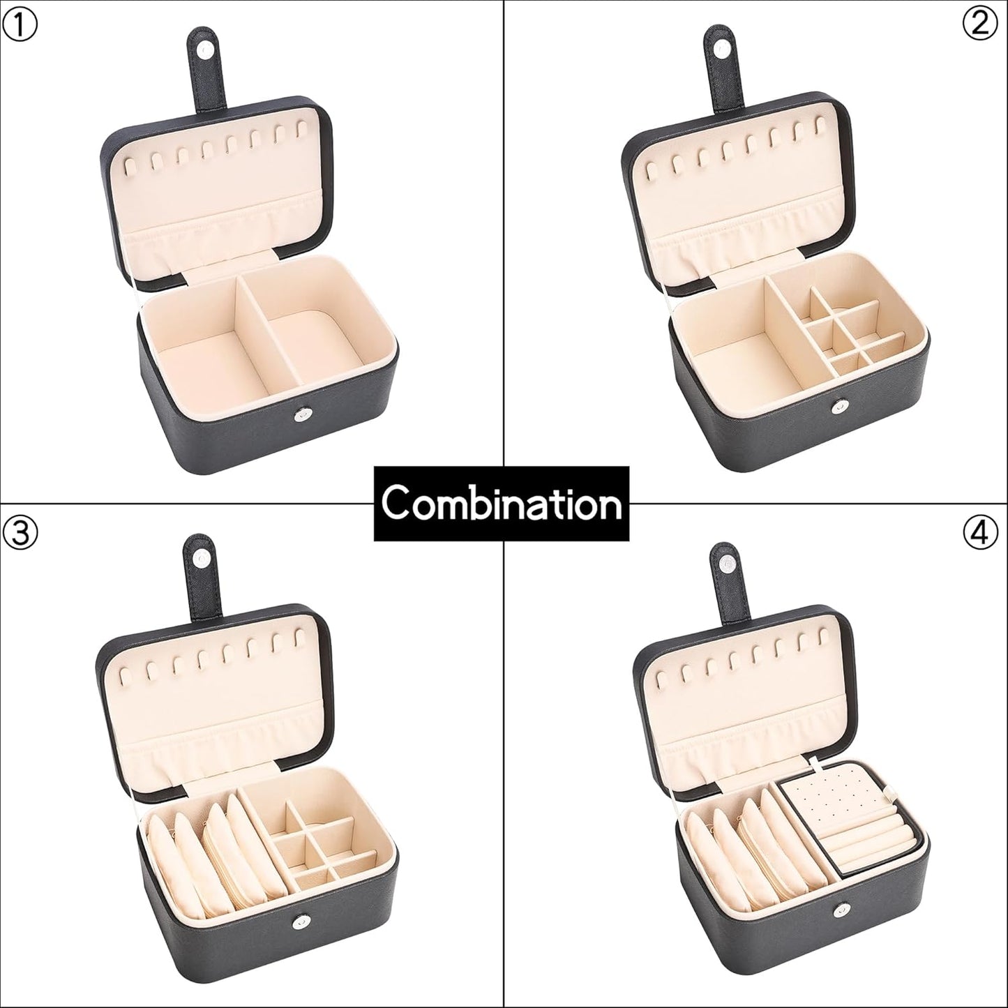 2 Layer Portable Jewelry Box, Large Jewelry Travel Case with 4 Jewelry Pouches, Medium Size Jewelry Organizer Box for Earrings, Necklaces, Bracelets (black)