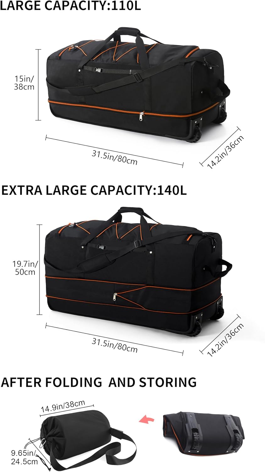 CONTAIL 32”110L Expandable 140L Rolling Duffle Bag with 2 Inline Wheels,Convertible Weekend Travel Bag with Bungee-Cord System,Black-orange