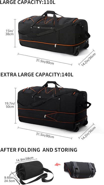 CONTAIL 32”110L Expandable 140L Rolling Duffle Bag with 2 Inline Wheels,Convertible Weekend Travel Bag with Bungee-Cord System,Black-orange