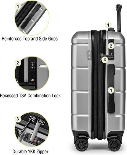 KYME Hardside Expandable Carry On Luggage 22x14x9 Airline Approved 20 Inch Hardshell Carry On Suitcase with Wheels TSA Lock Small Travel Rolling Luggage with Cup Holder for Women Men Silver