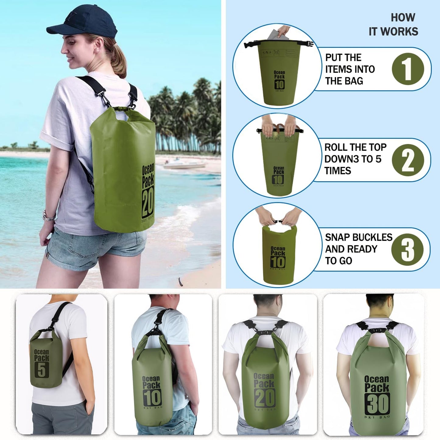 Dry Bag Waterproof Backpack 5L/10L/20L/30L Roll Top Waterproof Bag,Floating Dry bags for Kayaking,Swimming,Boating,Camping,Beach.