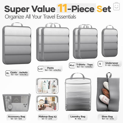 Veken 11 Set Compression Packing Cubes for Travel Essentials,Compressible Expandable Large Luggage Suitcase Organizer Bags for Clothing,Durable Space Saver Storage Bags with Toiletry Bags(Gray)