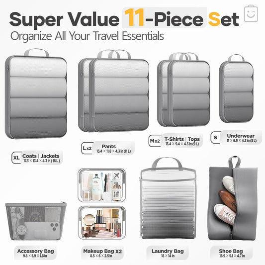 Veken 11 Set Compression Packing Cubes for Travel Essentials,Compressible Expandable Large Luggage Suitcase Organizer Bags for Clothing,Durable Space Saver Storage Bags with Toiletry Bags(Gray)