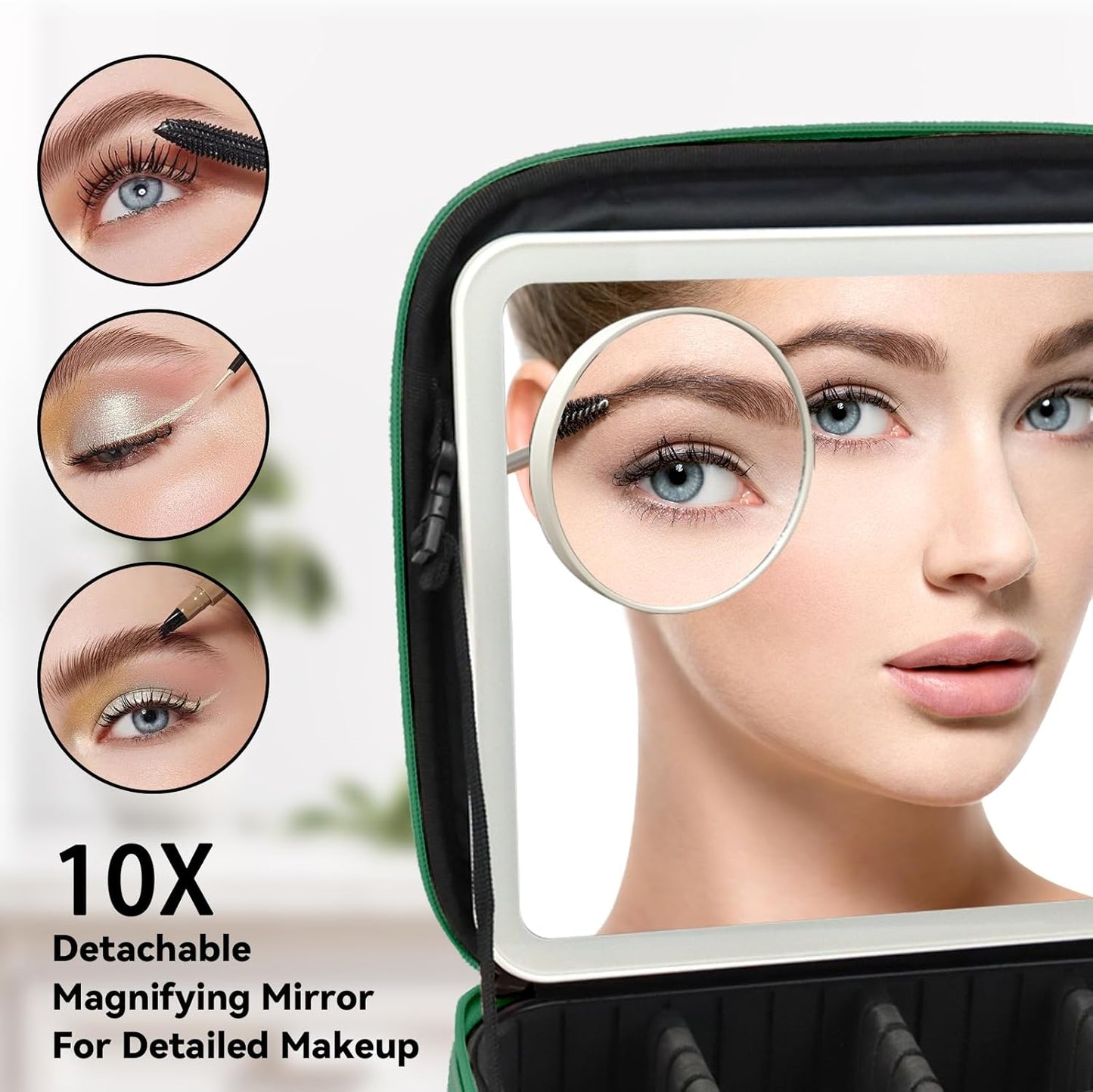 Travel Makeup Bag with LED Mirror and 10x magnifying glass with 3 Lighted Settings, Adjustable Dividers and Makeup Brush Storage Bag Dark Green