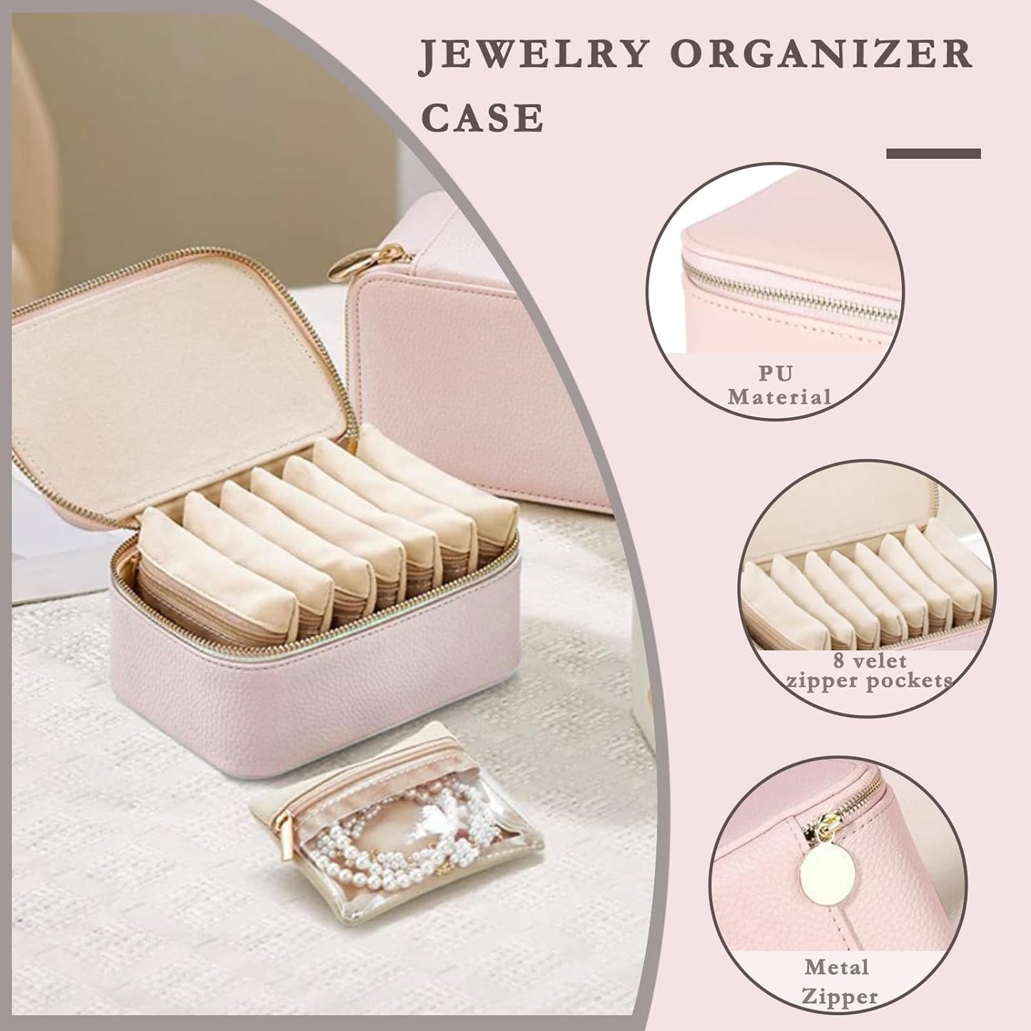 Jewelry Box Organizer for Women,Small Travel Jewelry Case,Mini Travel Jewelry Organizer with 8 Velvet Jewelry Zipper Pouches, Jewelry Box Organizer for Christmas Birthday(Pink)
