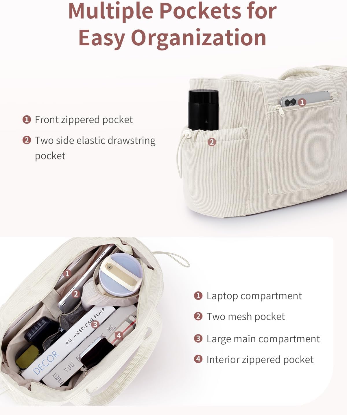 ECOHUB Tote Bag for Women, Work Tote Bags with Laptop Compartment, Large Corduroy Tote Bag with Stanley Cup Holder