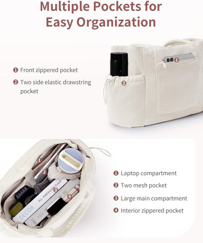 ECOHUB Tote Bag for Women, Work Tote Bags with Laptop Compartment, Large Corduroy Tote Bag with Stanley Cup Holder