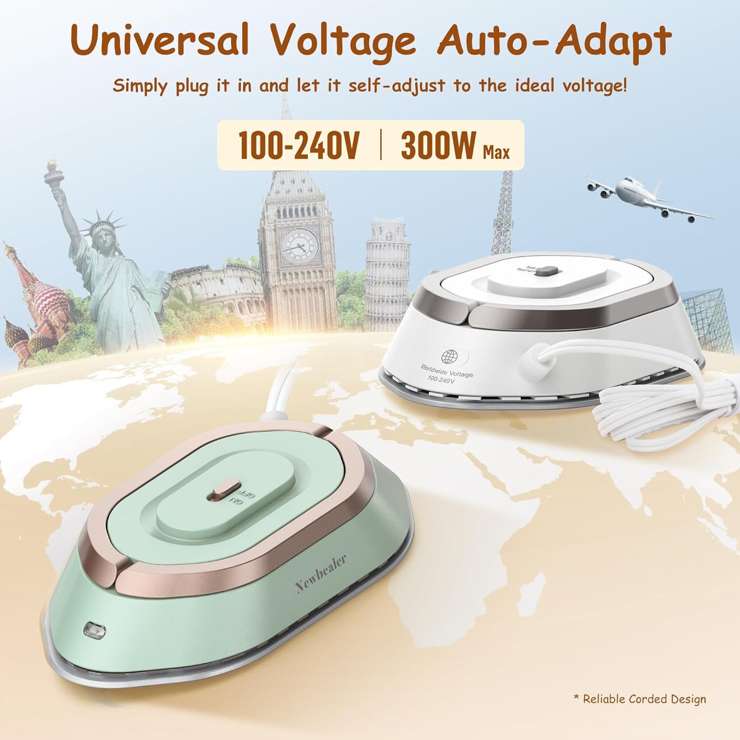 Newbealer Travel Iron with Global Voltage, 100-240V Mini Dry Iron for Clothes (No Steam), Max 300W, 60s Heat Up, 302℉ Non-Stick Ceramic Soleplate, 0.8lbs Ultra-Lightweight (Silver)