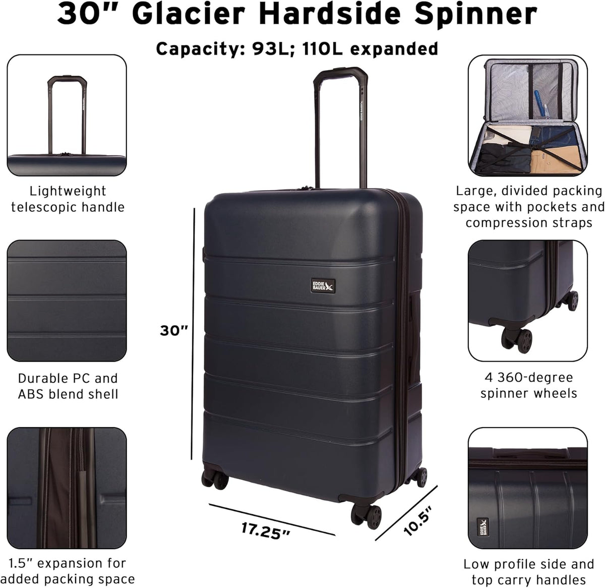 Eddie Bauer Glacier Carry-On 22" Luggage | Hardside | Spinner Wheels | Expandable | Lightweight | Travel Essentials - Carbon Grey