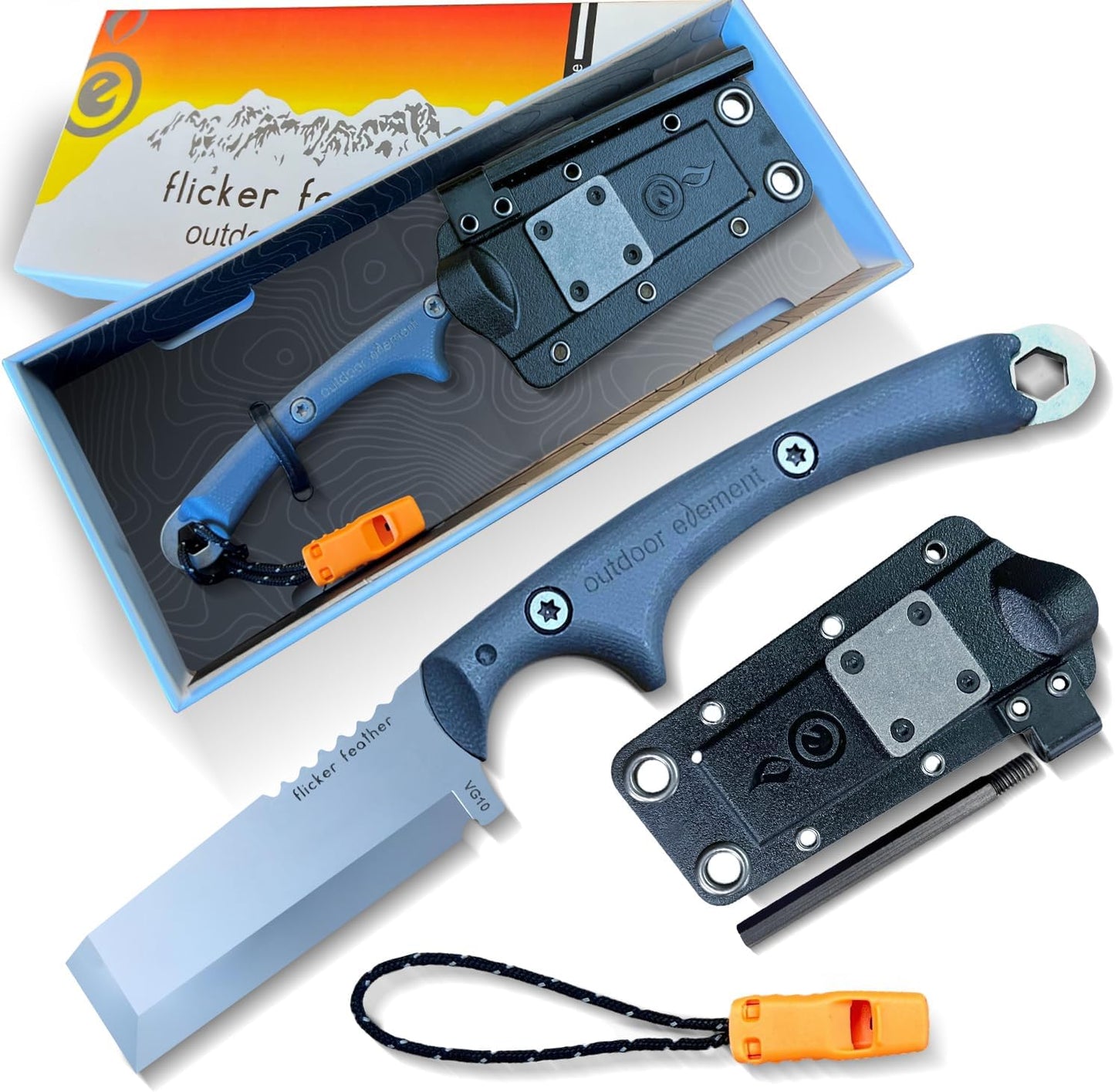 OUTDOOR ELEMENT Flicker Feather Knife - Right-Handed Survival EDC Chisel Blade for Camping, Hunting, Culinary Knives, and Bushcraft - Fixed Blade with Sheath, Firestarter, and Emergency Whistle