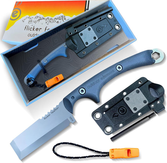 OUTDOOR ELEMENT Flicker Feather Knife - Right-Handed Survival EDC Chisel Blade for Camping, Hunting, Culinary Knives, and Bushcraft - Fixed Blade with Sheath, Firestarter, and Emergency Whistle